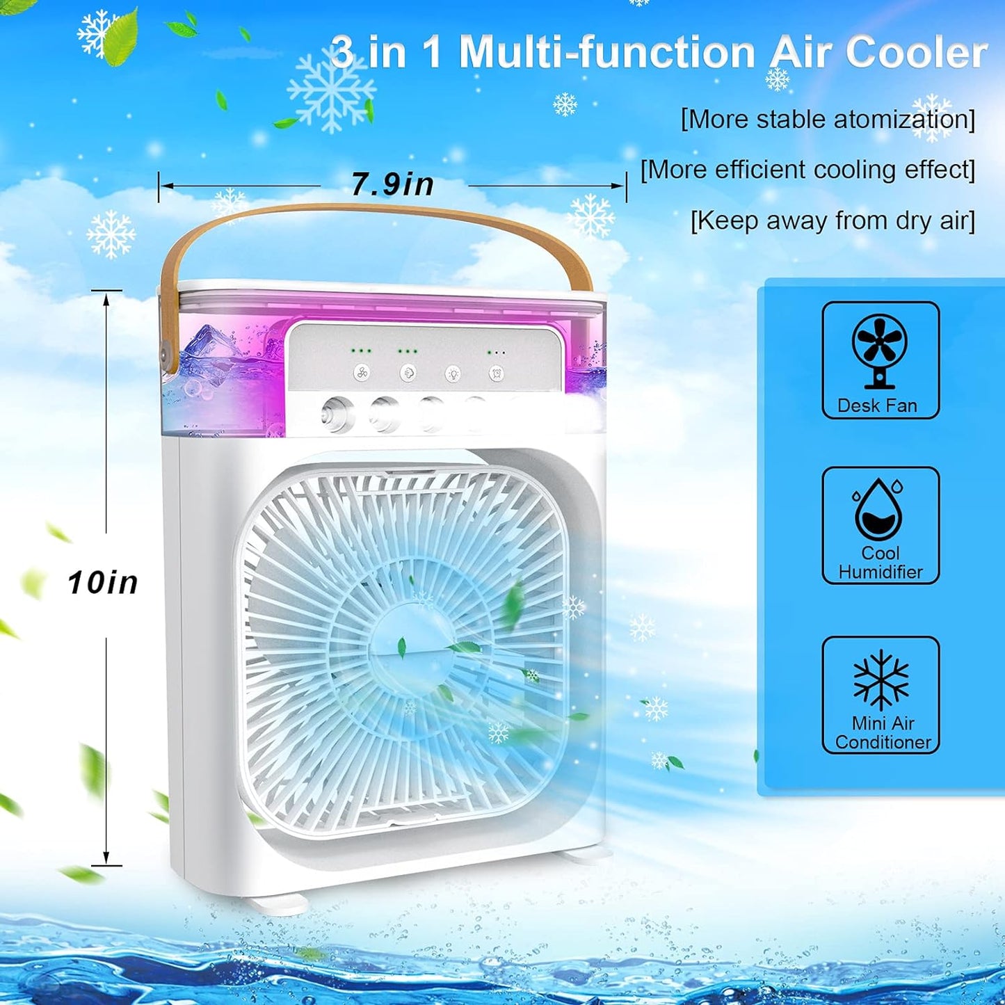 Portable Humidifier Air Cooler Fan Mini Cooler For Home With 3 Speed Mode, Mist Fan With Water Spray, 7 Color Led And Timer, Usb Personal Cooler Desk Fan(Usb Powered Mini Ac, Multicolor)